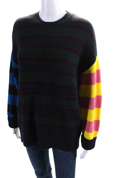 Etcetera Womens Oversized Crew Neck Knit Striped Sweater Green Red Yellow Large