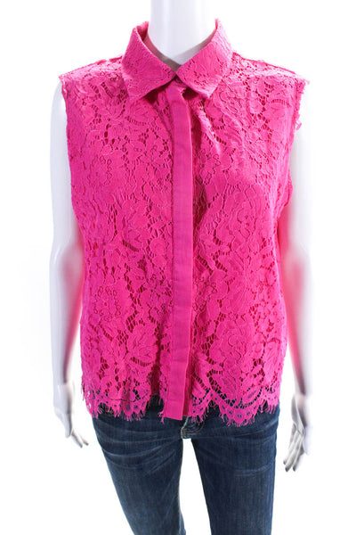 Fate. Women's Collared Sleeveless Lace Trim Button Up Blouse Pink Size S