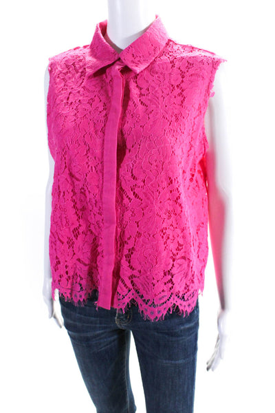 Fate. Women's Collared Sleeveless Lace Trim Button Up Blouse Pink Size S