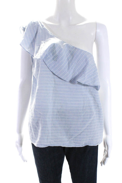 L'Academie Womens Striped One Shoulder Sleeveless Top Blouse Light Blue Large