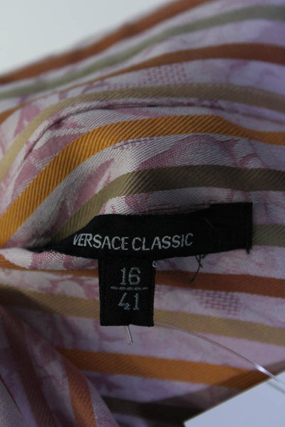 Versace Classic Mens Button Front Collared Striped Floral Shirt Pink Size 16