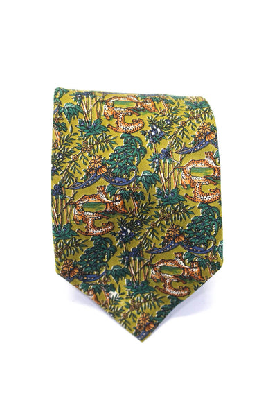 Salvatore Ferragamo Mens Green Floral and Animal Print Silk Tie Size OS