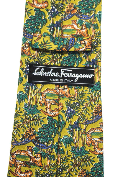 Salvatore Ferragamo Mens Green Floral and Animal Print Silk Tie Size OS