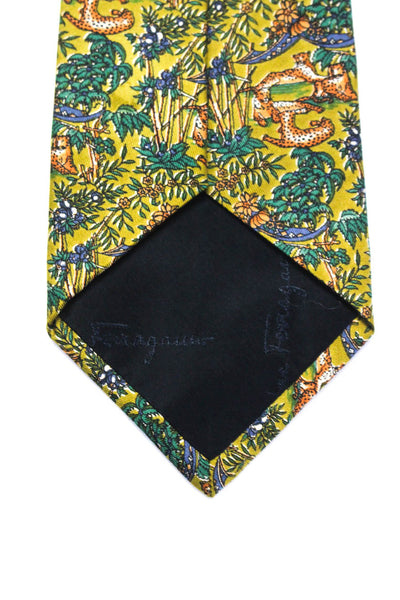 Salvatore Ferragamo Mens Green Floral and Animal Print Silk Tie Size OS