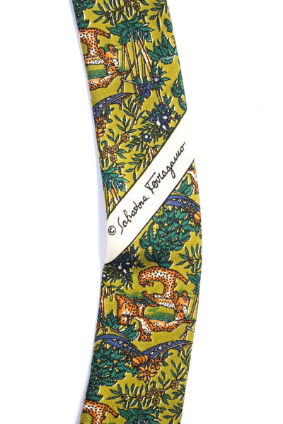 Salvatore Ferragamo Mens Green Floral and Animal Print Silk Tie Size OS