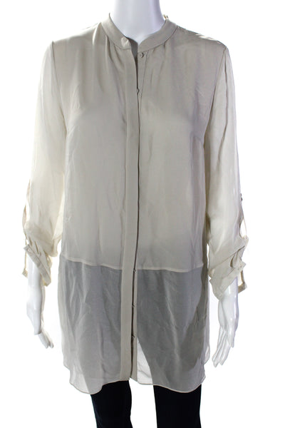 Elie Tahari Womens High Neck Long Sleeve Button Up Blouse Beige Size Small