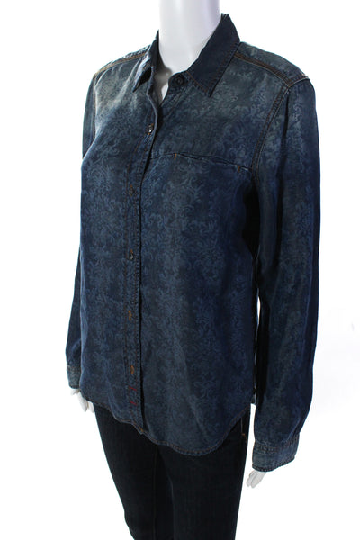 7 For All Mankind Womens Acid Wash Damask Chambray Shirt Blouse Blue Size XS