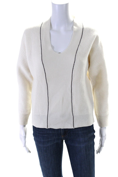 Peserico Womens Beaded Trim V Neck Long Sleeves Sweater White Wool Size EUR 44