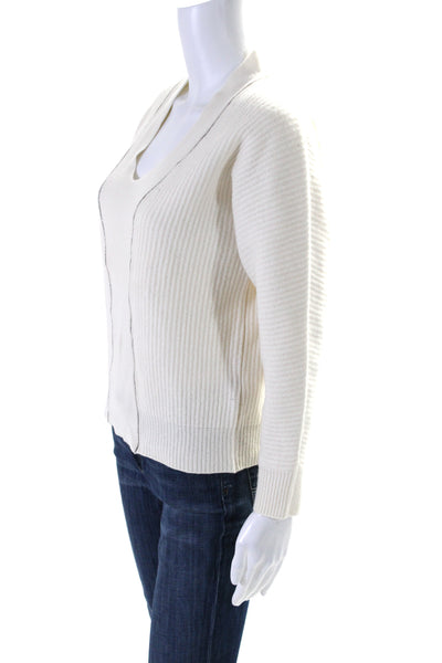 Peserico Womens Beaded Trim V Neck Long Sleeves Sweater White Wool Size EUR 44