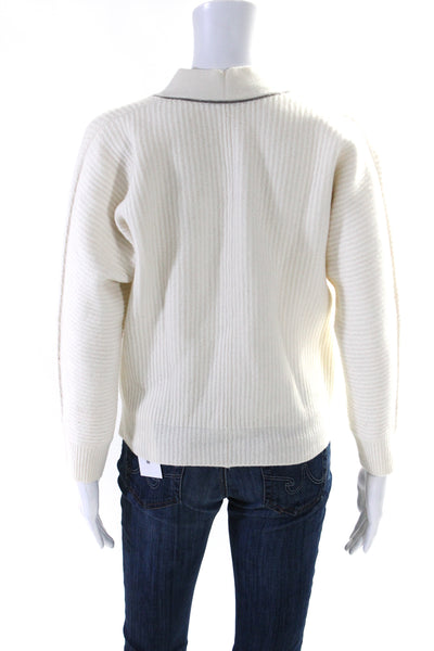 Peserico Womens Beaded Trim V Neck Long Sleeves Sweater White Wool Size EUR 44