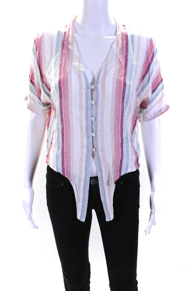 Rails Womens Linen Metallic V Neck Striped Tie Front Blouse Multicolor Size XS