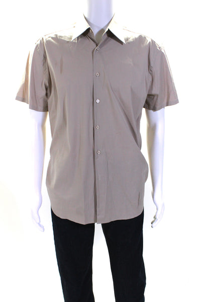 Prada Mens Button Front Short Sleeve Collared Shirt Brown Cotton Size 16.5