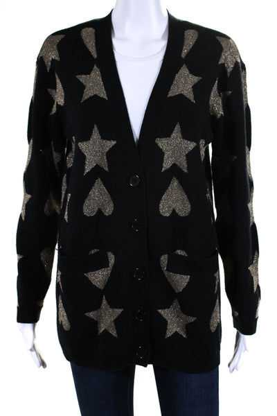 525 America Womens Geometric Glitter Print V-Neck Buttoned Cardigan Black Size S