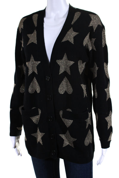 525 America Womens Geometric Glitter Print V-Neck Buttoned Cardigan Black Size S