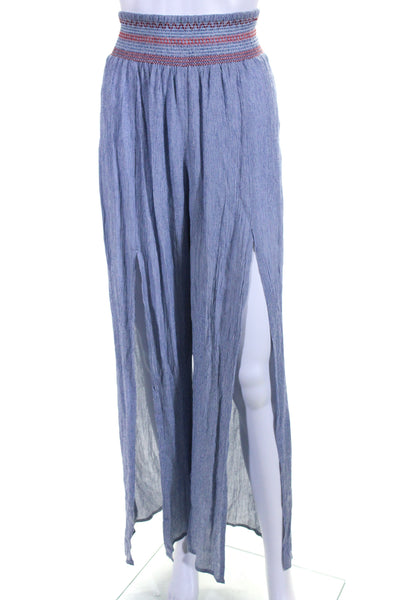 Elan Womens Elaticated Striped Double Slit Wide Leg Pants Blue Size M