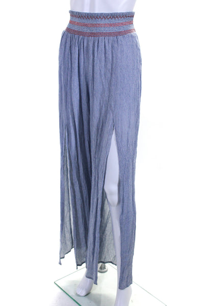 Elan Womens Elaticated Striped Double Slit Wide Leg Pants Blue Size M