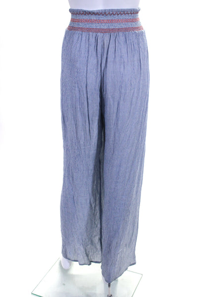 Elan Womens Elaticated Striped Double Slit Wide Leg Pants Blue Size M