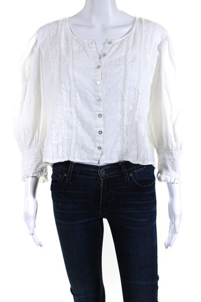 Love Shack Fancy Womens Cotton Puff Sleeve V Neck Buttoned Blouse White Size S