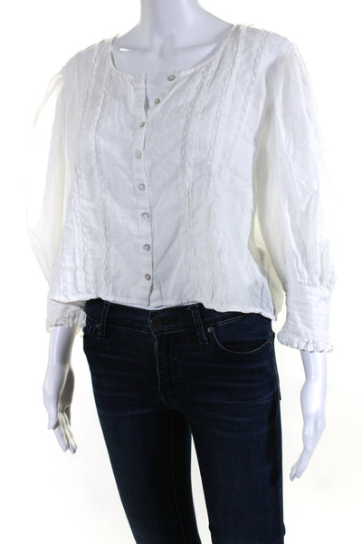 Love Shack Fancy Womens Cotton Puff Sleeve V Neck Buttoned Blouse White Size S