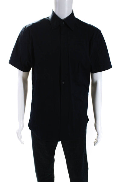 Prada Mens Button Front Short Sleeve Collared Shirt Navy Blue Cotton Size 16