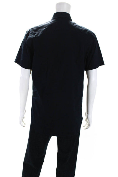 Prada Mens Button Front Short Sleeve Collared Shirt Navy Blue Cotton Size 16