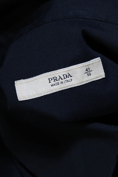 Prada Mens Button Front Short Sleeve Collared Shirt Navy Blue Cotton Size 16