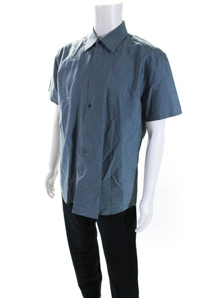 Prada Mens Button Front Short Sleeve Collared Shirt Blue Cotton Size 16.5