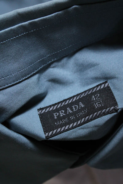 Prada Mens Button Front Short Sleeve Collared Shirt Blue Cotton Size 16.5