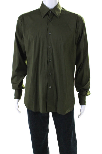 Prada Mens Long Sleeve Button Front Collared Dress Shirt Green Cotton Size 16.5