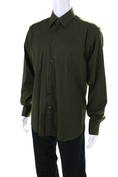 Prada Mens Long Sleeve Button Front Collared Dress Shirt Green Cotton Size 16.5