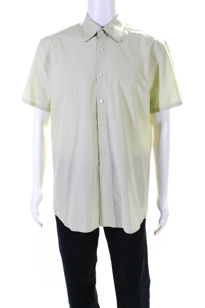 Prada Mens Button Front Short Sleeve Collared Shirt Green Cotton Size 16.5