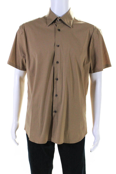 Prada Mens Button Front Short Sleeve Collared Shirt Espresso Brown Size 16.5