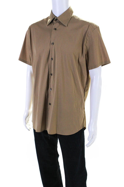 Prada Mens Button Front Short Sleeve Collared Shirt Espresso Brown Size 16.5