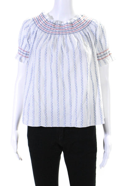 Velvet Womens Striped Ruched Embroidered Short Sleeve Blouse Top White Size S