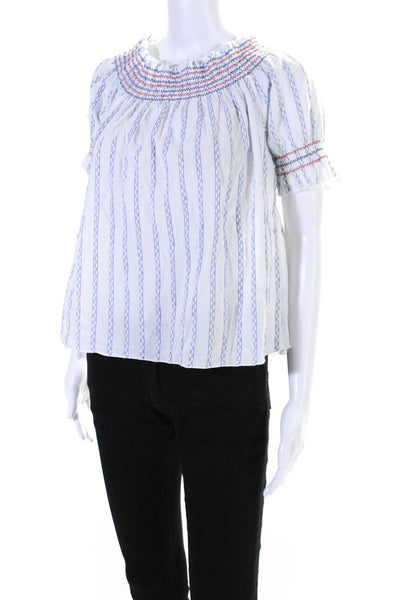 Velvet Womens Striped Ruched Embroidered Short Sleeve Blouse Top White Size S