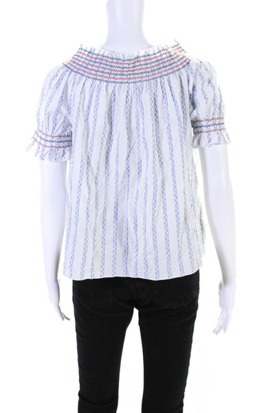 Velvet Womens Striped Ruched Embroidered Short Sleeve Blouse Top White Size S