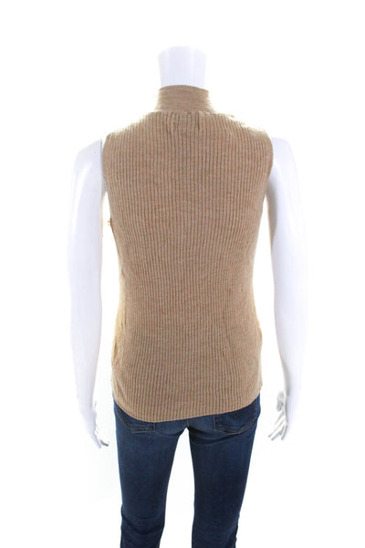 Halston Womens Ribbed Sleeveless Turtleneck Sweater Vest Beige Size Large