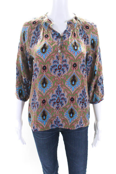 Trinity Womens 3/4 Sleeve V Neck Abstract Silk Top Brown Green Multi Size Small