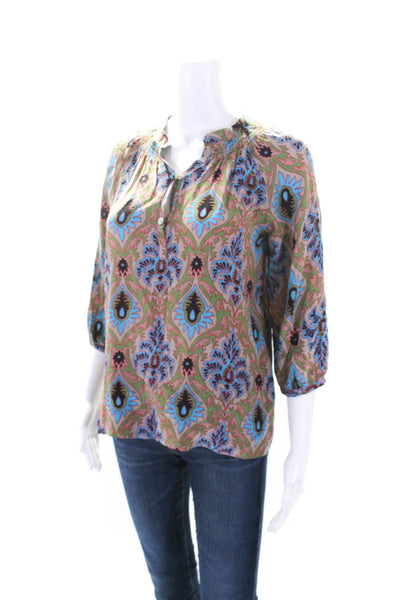 Trinity Womens 3/4 Sleeve V Neck Abstract Silk Top Brown Green Multi Size Small