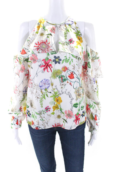 Parker Womens Long Sleeve Ruffled Floral Cold Shoulder Top White Size Small