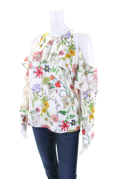 Parker Womens Long Sleeve Ruffled Floral Cold Shoulder Top White Size Small