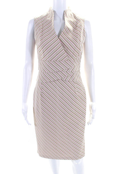 Kay Unger Womens Side Zip Sleeveless V Neck Striped Dress White Multi Size 2