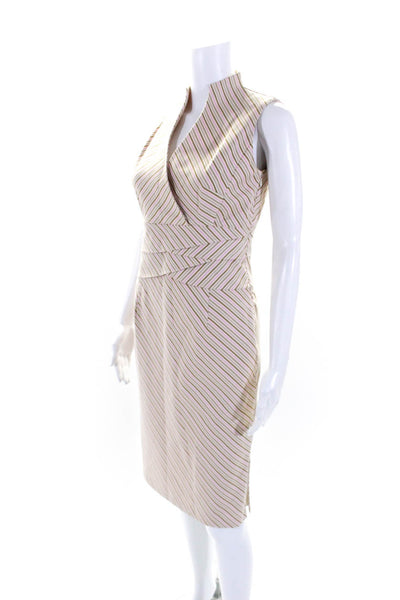 Kay Unger Womens Side Zip Sleeveless V Neck Striped Dress White Multi Size 2