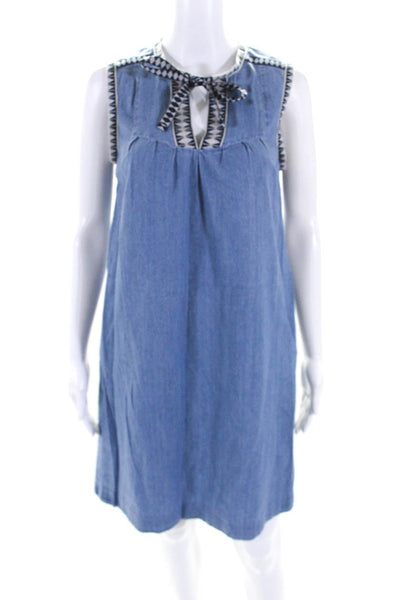 J Crew Womens Sleeveless Embroidered Trim Keyhole Dress Blue Cotton Size 2