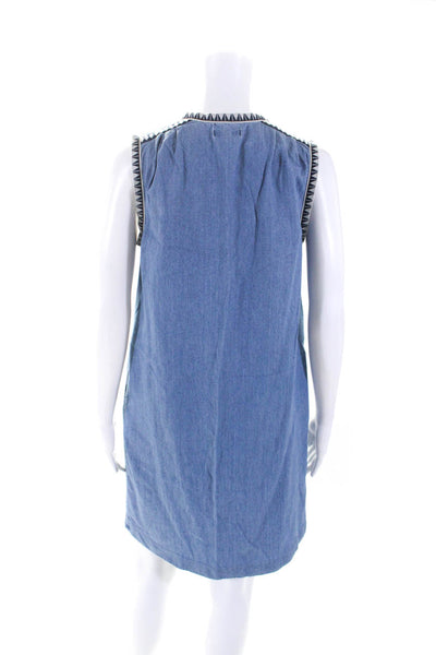 J Crew Womens Sleeveless Embroidered Trim Keyhole Dress Blue Cotton Size 2