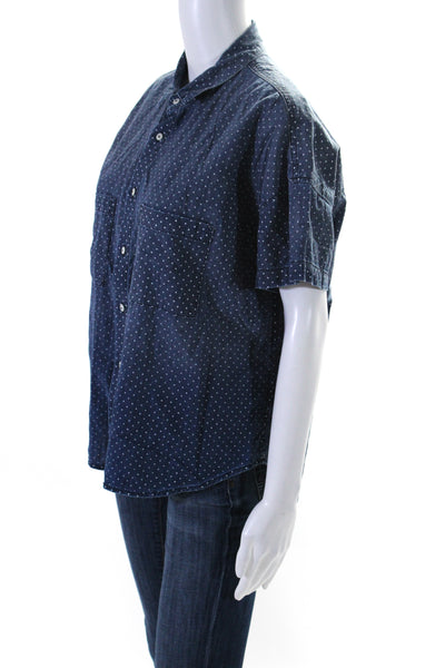 Amo Womens Short Sleeve Button Up Polka Dot Shirt Blouse Blue Size Small