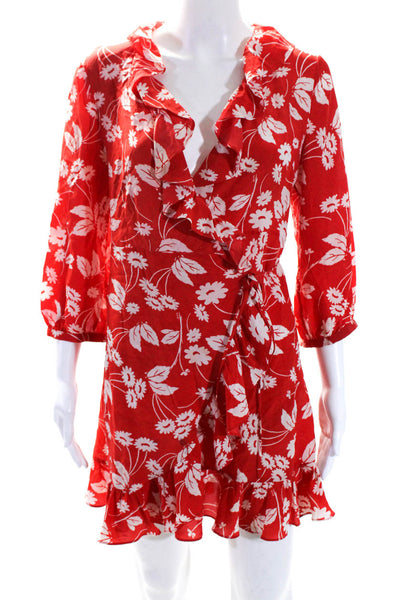 Rixo Womens Silk Floral Print Long Sleeve Ruffle Trim Wrap Dress Red Size M