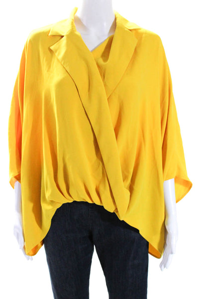 Trina Turk Women's Collared Short Sleeves V-Neck Cinch Blouse Yellow Size M/L