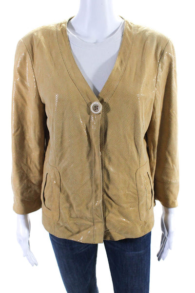 Lafayette 148 New York Womens Leather V-Neck Button Up Jacket Yellow Size 12