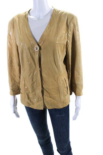 Lafayette 148 New York Womens Leather V-Neck Button Up Jacket Yellow Size 12